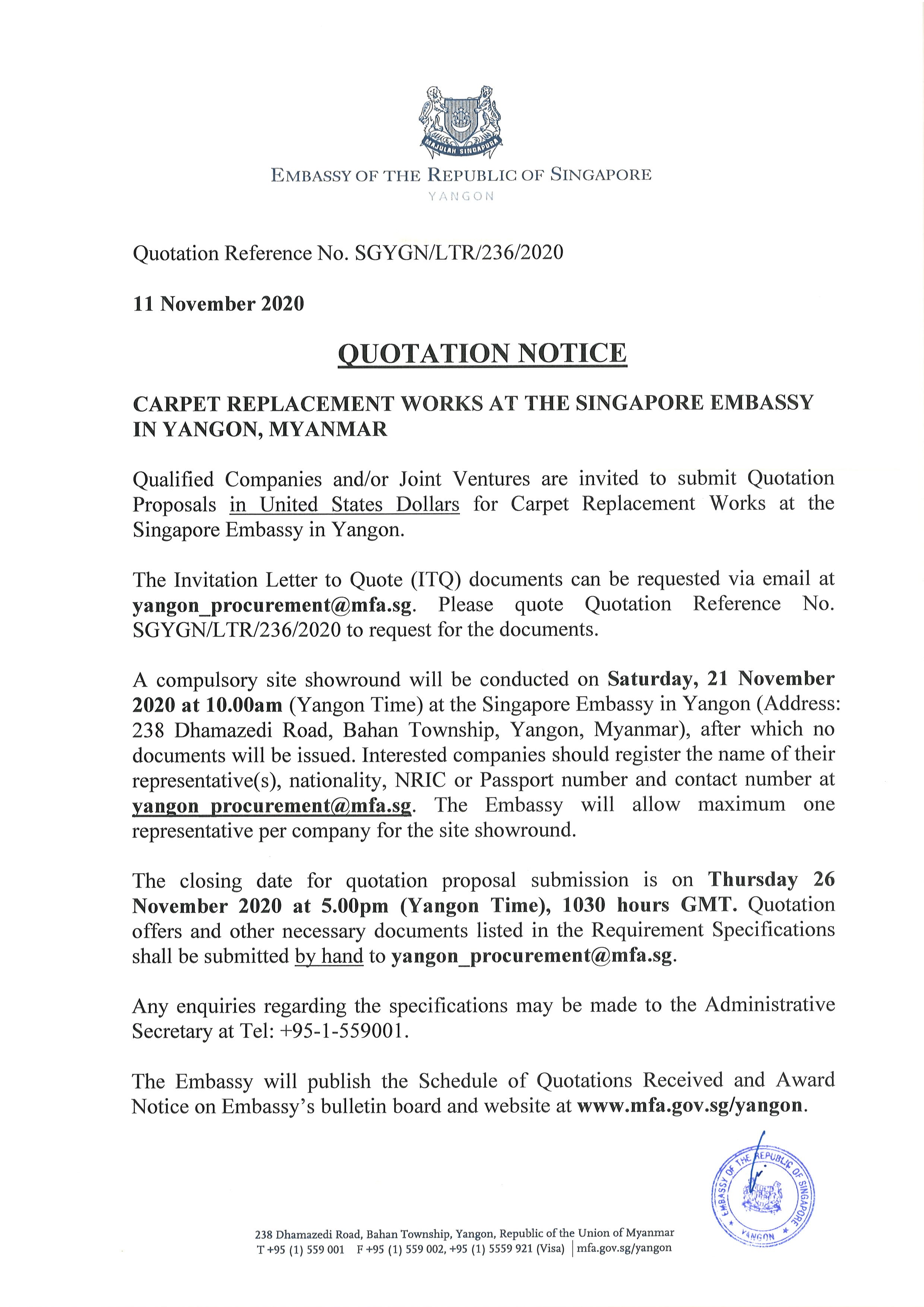 Singapore Embassy quotation notice for carpet replacement in Yangon, Myanmar.